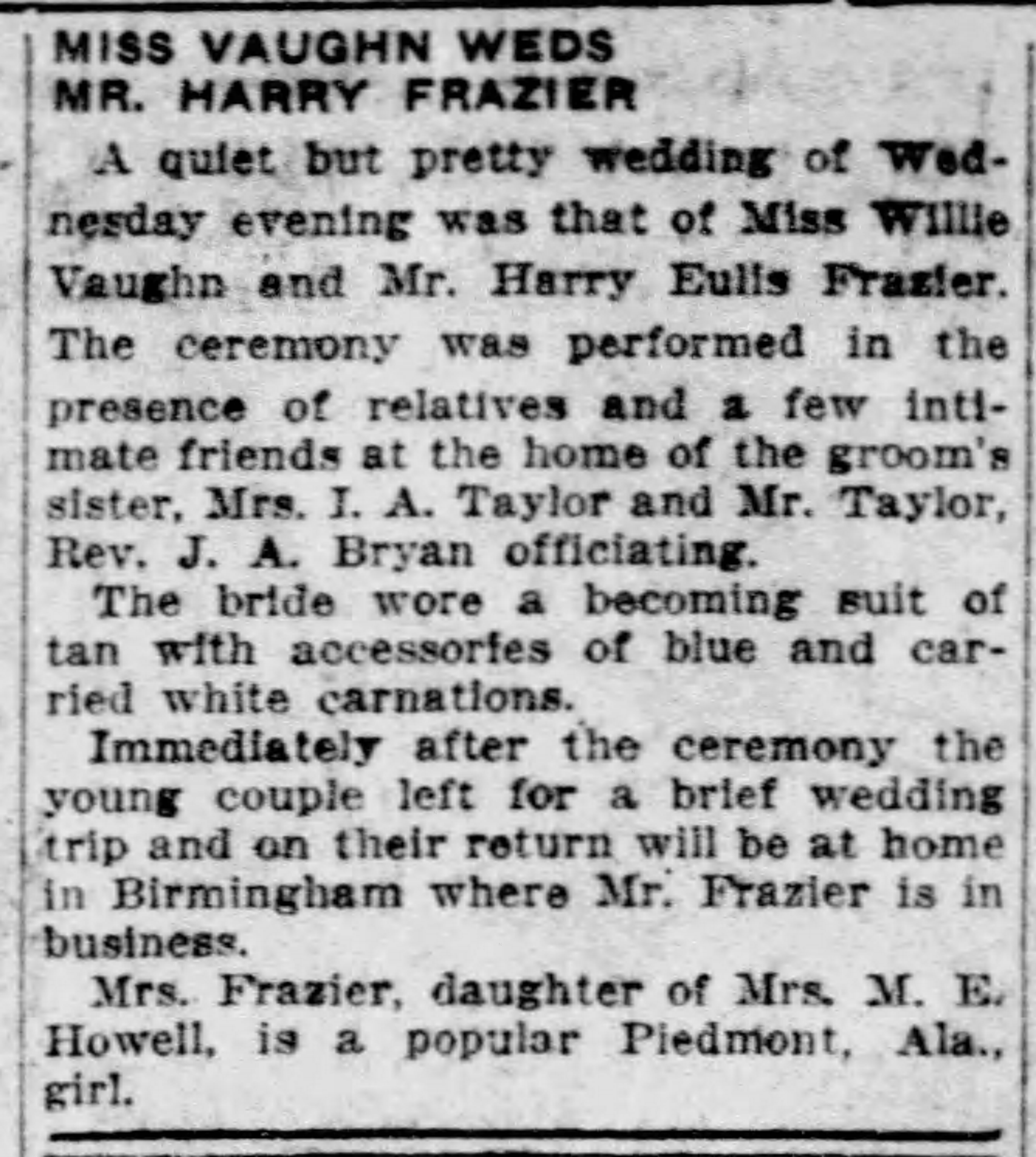 Miss Vaughn Weds Mr. Harry Frazier